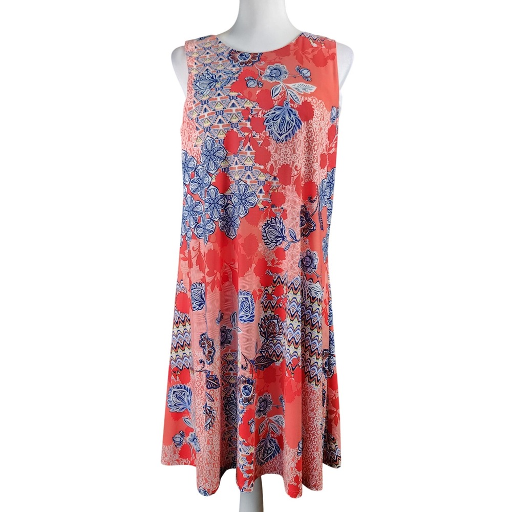 Anne Klein AK Shift Dress Women Large Orange Blue Stretch Casual Resort Vacation